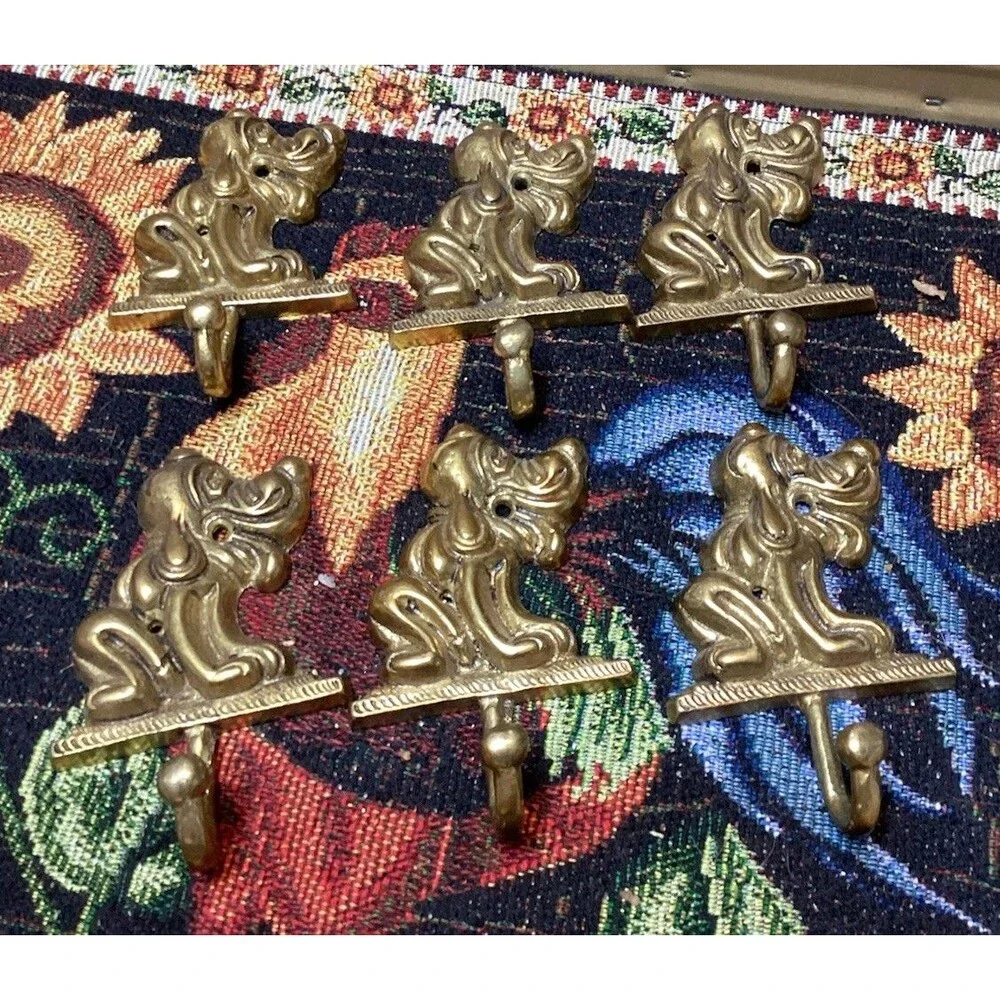 Vintage Brass Metal Pluto Wall Door Coat Hooks Dog Hound Shape Hangers Set of 6
